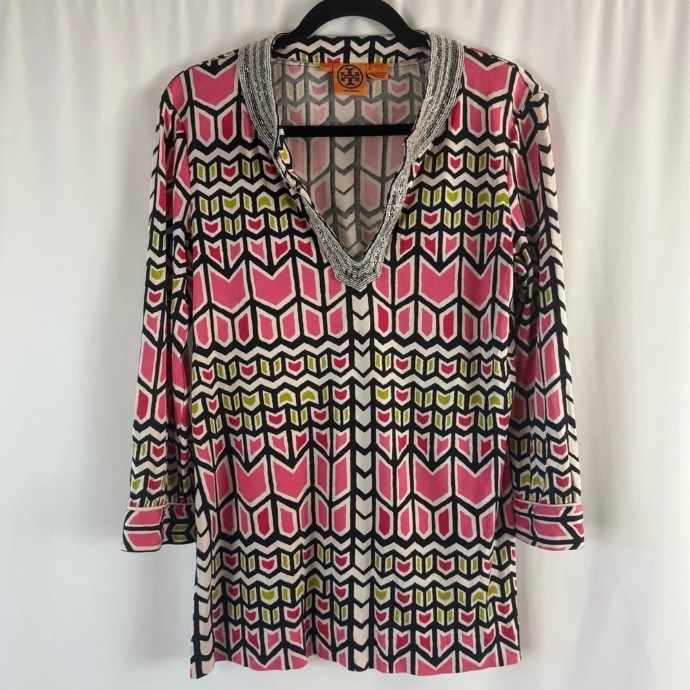 Tory Burch Women's 100% Silk Knit Tunic Top Multi Color Beaded Color Sz:M